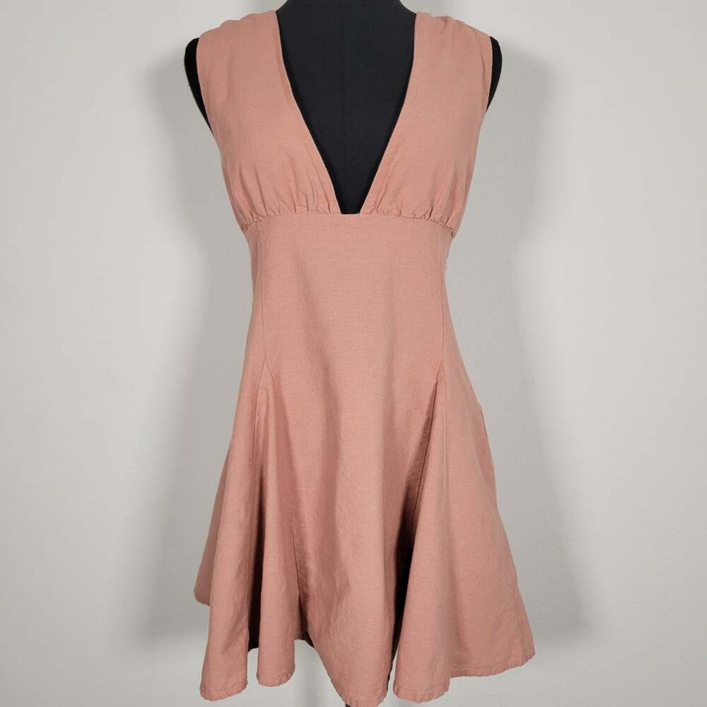 Zara Linen Blend Mini Dress Pink Large Lace Up Sleeveless Coastal Boho